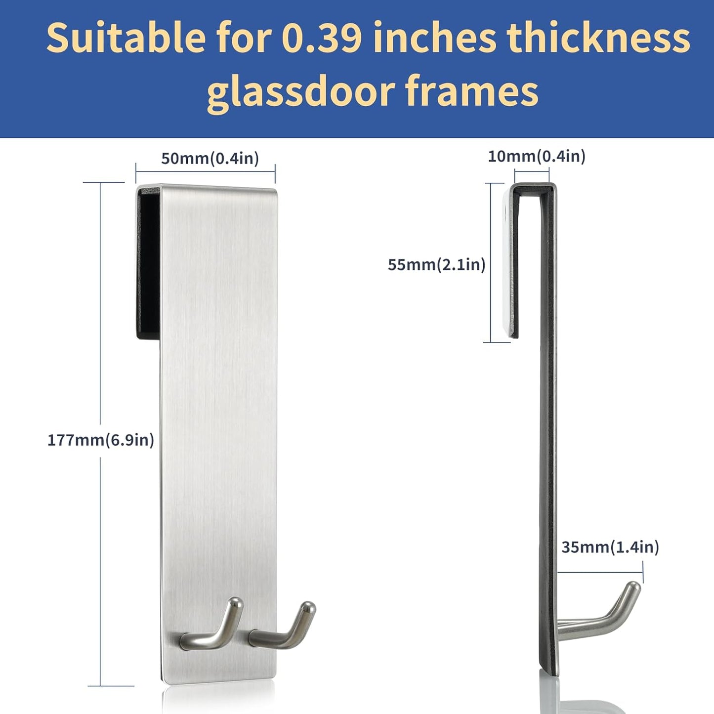 Shower Door Towel Hook Extended Length, No Drilling & Adhesive Needed Stainless Steel Bathroom Hangers for Frameless Shower Stall Wall