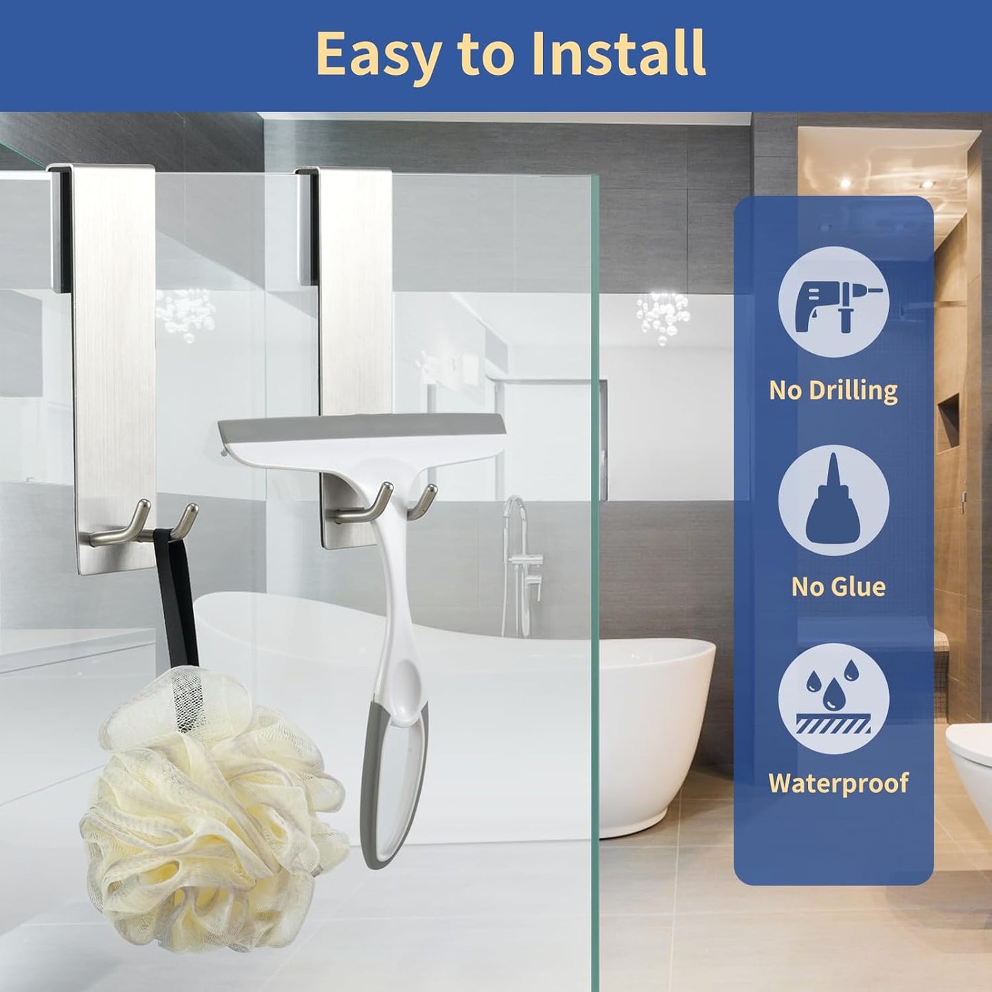 Shower Door Towel Hook Extended Length, No Drilling & Adhesive Needed Stainless Steel Bathroom Hangers for Frameless Shower Stall Wall