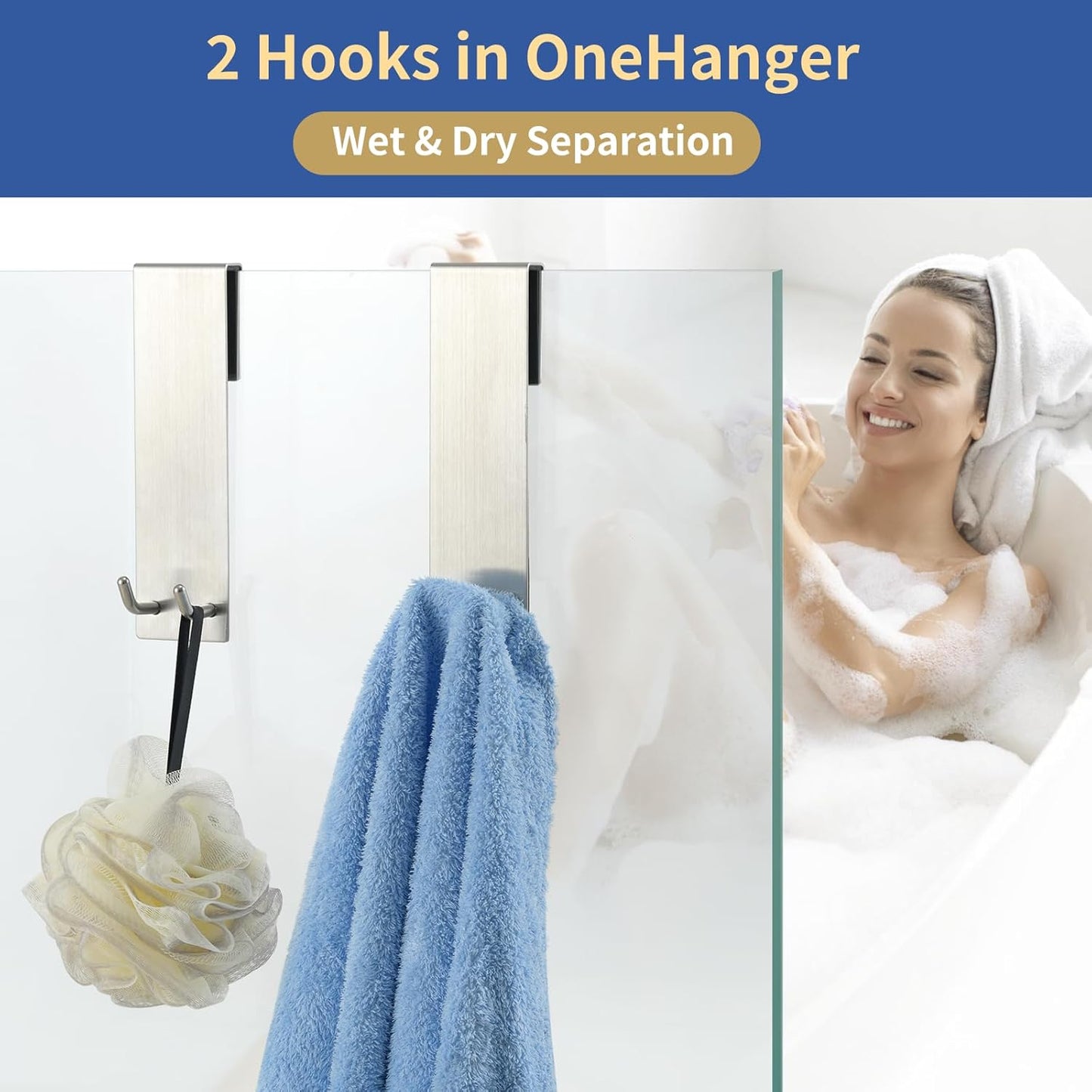 Shower Door Towel Hook Extended Length, No Drilling & Adhesive Needed Stainless Steel Bathroom Hangers for Frameless Shower Stall Wall