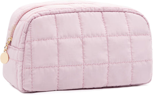 Makeup Bag, Quilted Puffy Travel Toiletry Bag with Compartments, Wide-Open Cosmetic Bag for Women, Pouch Purse Organizer, Pink