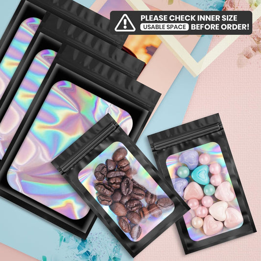 100 pcs Black Mylar Holographic Bags Packaging Bags,Clear Resealable Bag Foil Pouch Bag for Food Storage and Lipgloss,Jewelry,Eyelash Packaging for Small Business(2.4x3.9Inch)