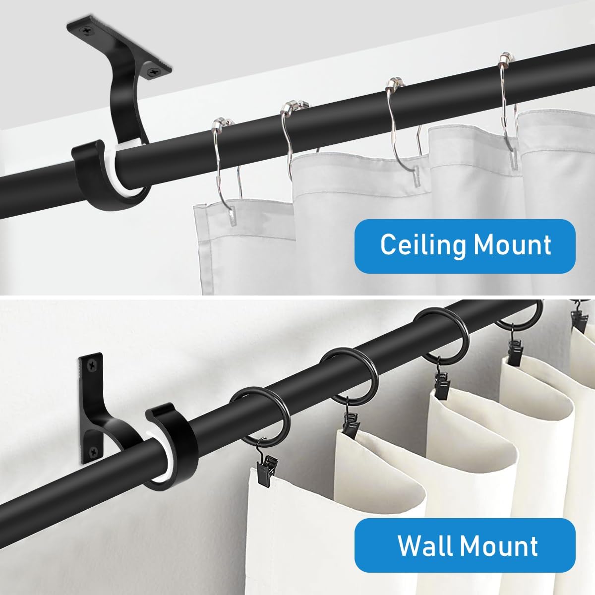 Ceiling Curtain Rod Bracket, 1 Inch Heavy Duty Curtain Rod Holders Brackets, 4 Pack Black Ceiling Hooks Hangers for Drapery Closet Pole