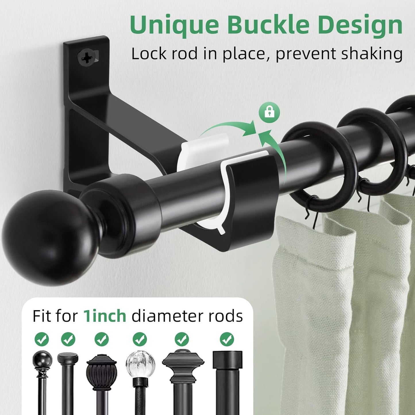 Curtain Rod Bracket, 4 Pack Heavy Duty Rods Holders Black Curtain Rod Hooks Brackets for Wall Single Drapery Rods Hangers Support Fit for 1 Inch Drape Pole