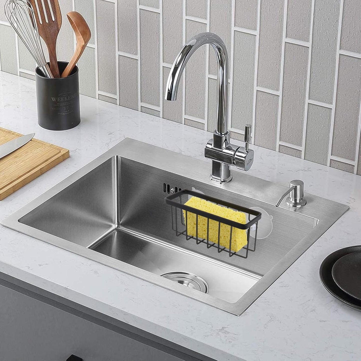 Sponge Holder for Kitchen Sink Suction,Stainless Steel Sponge Holder for Sponges, Scrubbers, Soap, Kitchen, Bathroom, Black
