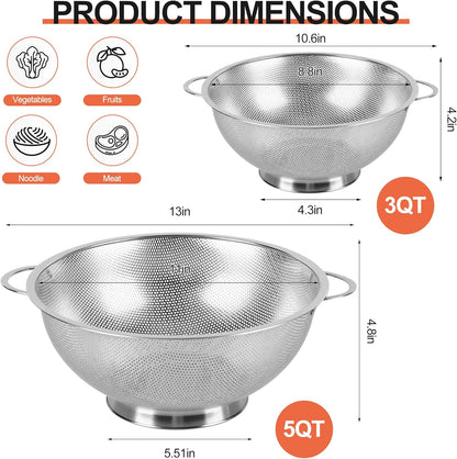 Colander Stainless Steel 3-Quart, Strainer for Kitchen Food, Dishwasher Safe