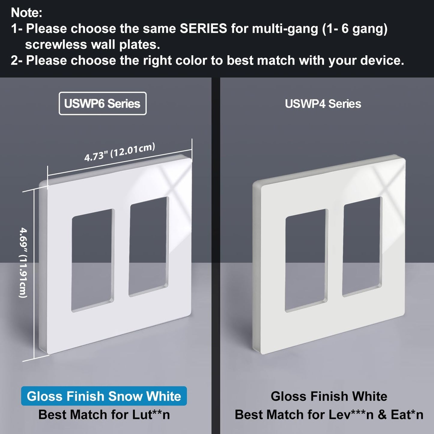 5 Pack 2-Gang Screwless Wall Plate, USWP6 Gloss Snow White Series, Decorator Outlet Cover, 11.91cm x 12.01cm, for Light Switch, Dimmer, GFCI, USB Receptacle