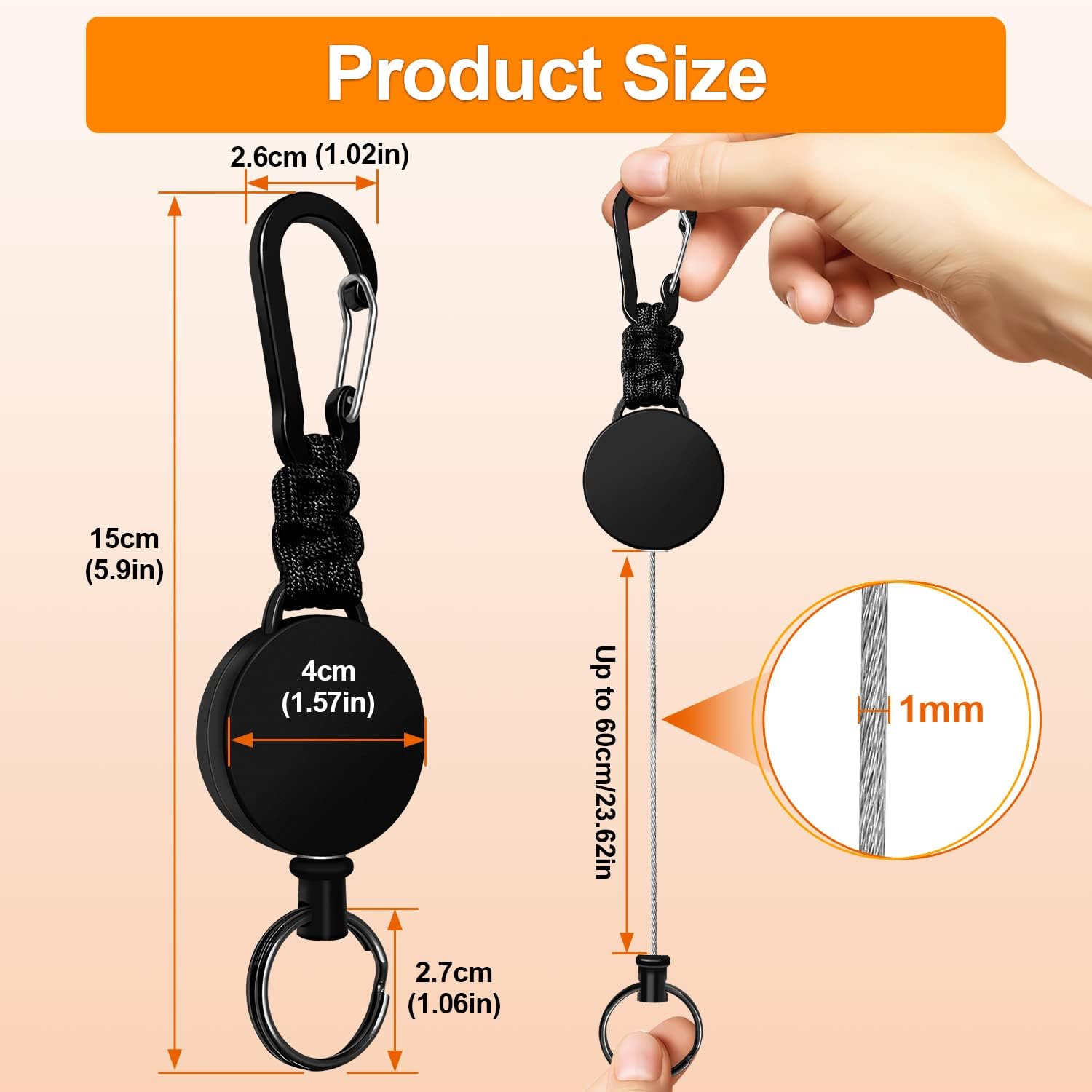 Retractable Keychain 3 Pack Heavy Duty Carabiner Badge Holder Badge Reel ID Holder with Steel Cord Extendable Key Ring.