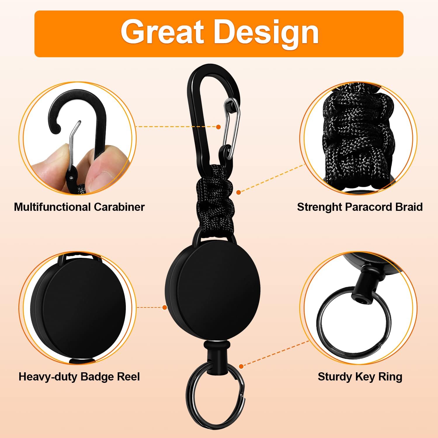 Retractable Keychain 3 Pack Heavy Duty Carabiner Badge Holder Badge Reel ID Holder with Steel Cord Extendable Key Ring.
