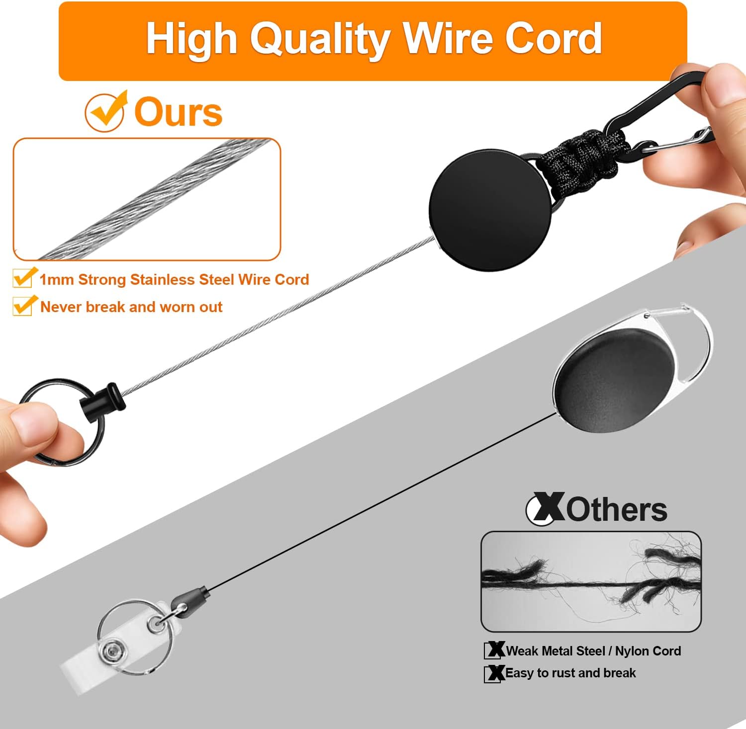 Retractable Keychain 3 Pack Heavy Duty Carabiner Badge Holder Badge Reel ID Holder with Steel Cord Extendable Key Ring.