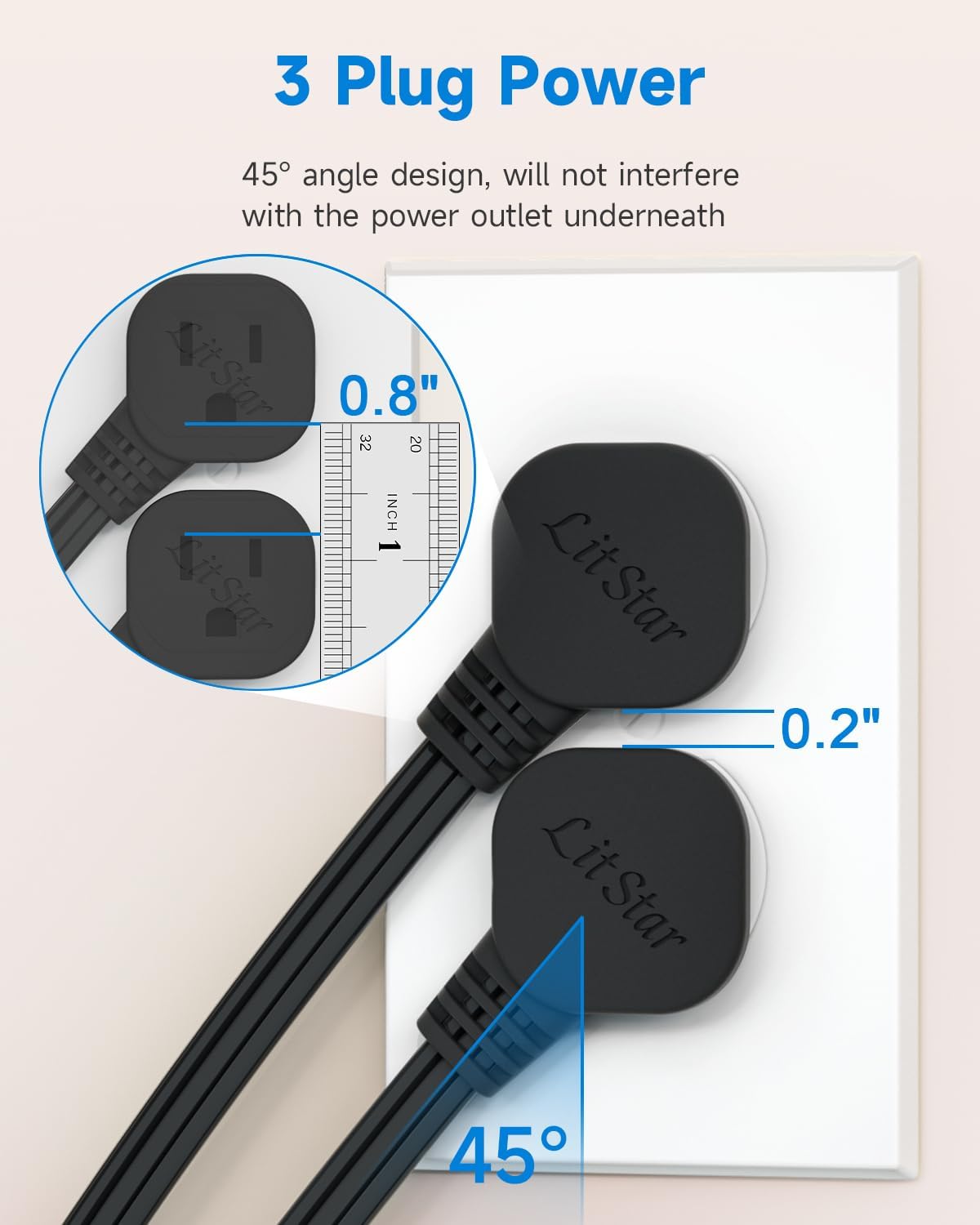 Flat Plug 1Ft Short Extension Cord, 90-Degree Plug Low Profile Power Adapter, 3-Prong Indoor Grounded Small Extension Cord Black 16AWG 13A 1625W 2 Pack