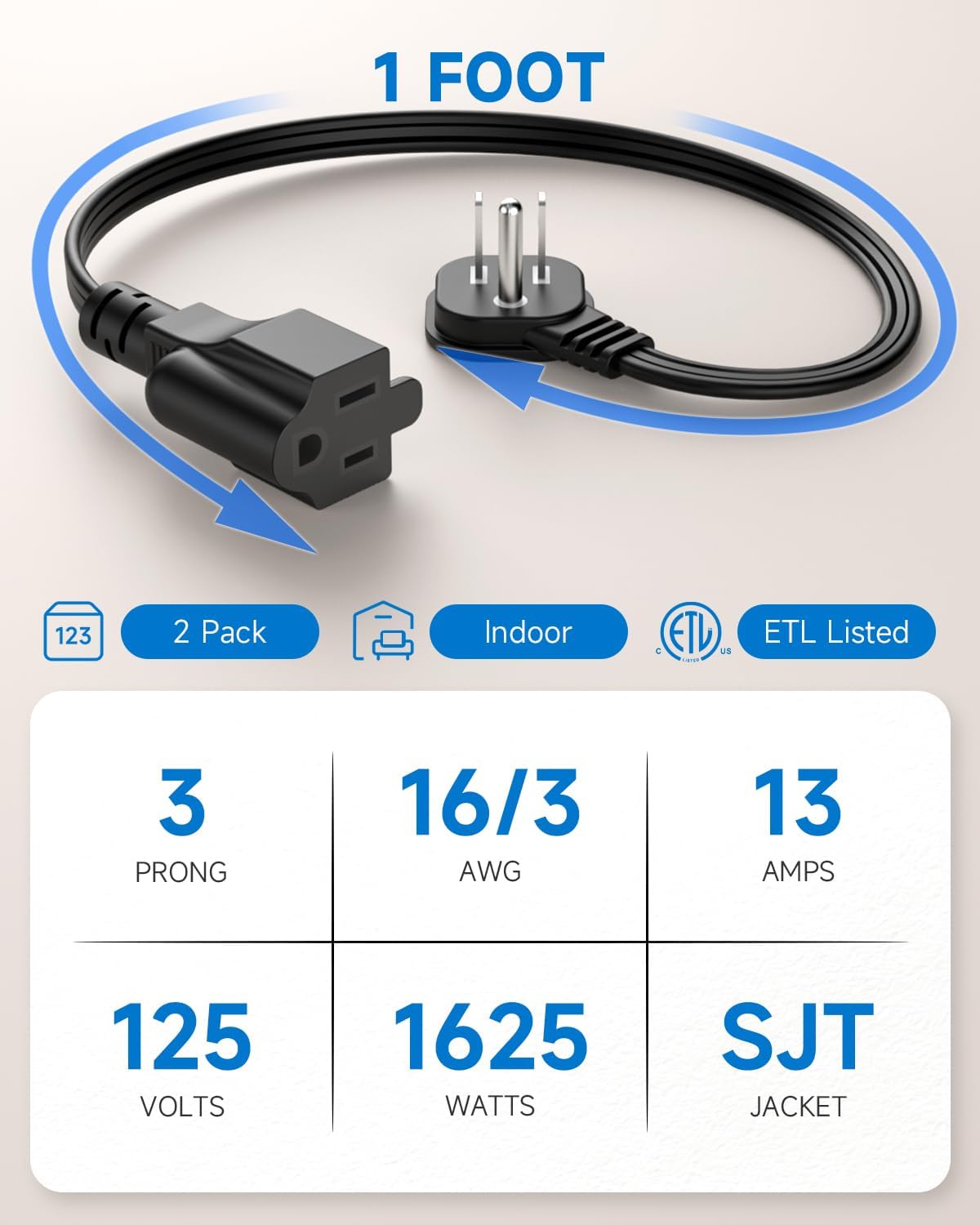 Flat Plug 1Ft Short Extension Cord, 90-Degree Plug Low Profile Power Adapter, 3-Prong Indoor Grounded Small Extension Cord Black 16AWG 13A 1625W 2 Pack