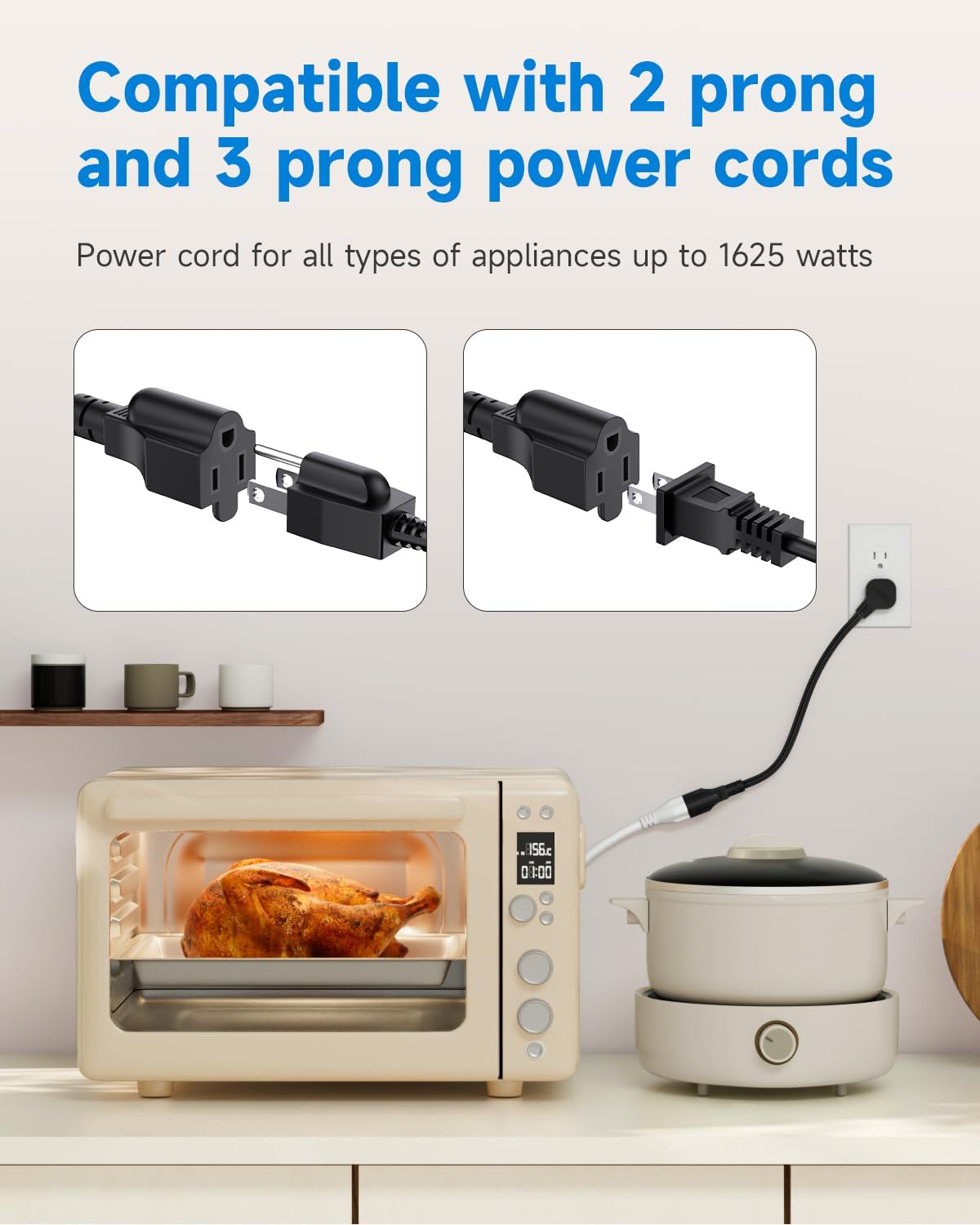Flat Plug 1Ft Short Extension Cord, 90-Degree Plug Low Profile Power Adapter, 3-Prong Indoor Grounded Small Extension Cord Black 16AWG 13A 1625W 2 Pack