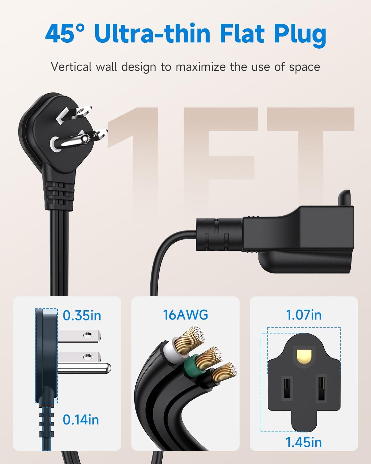 Flat Plug 1Ft Short Extension Cord, 90-Degree Plug Low Profile Power Adapter, 3-Prong Indoor Grounded Small Extension Cord Black 16AWG 13A 1625W 2 Pack