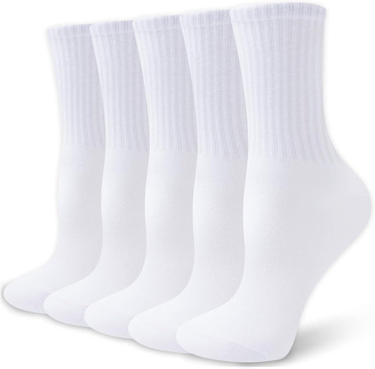 Womens Crew Socks Cotton, 5 Pairs Soft and Moisture Wicking Calf Socks for Work and Casual Sport Wear, Size 5-10