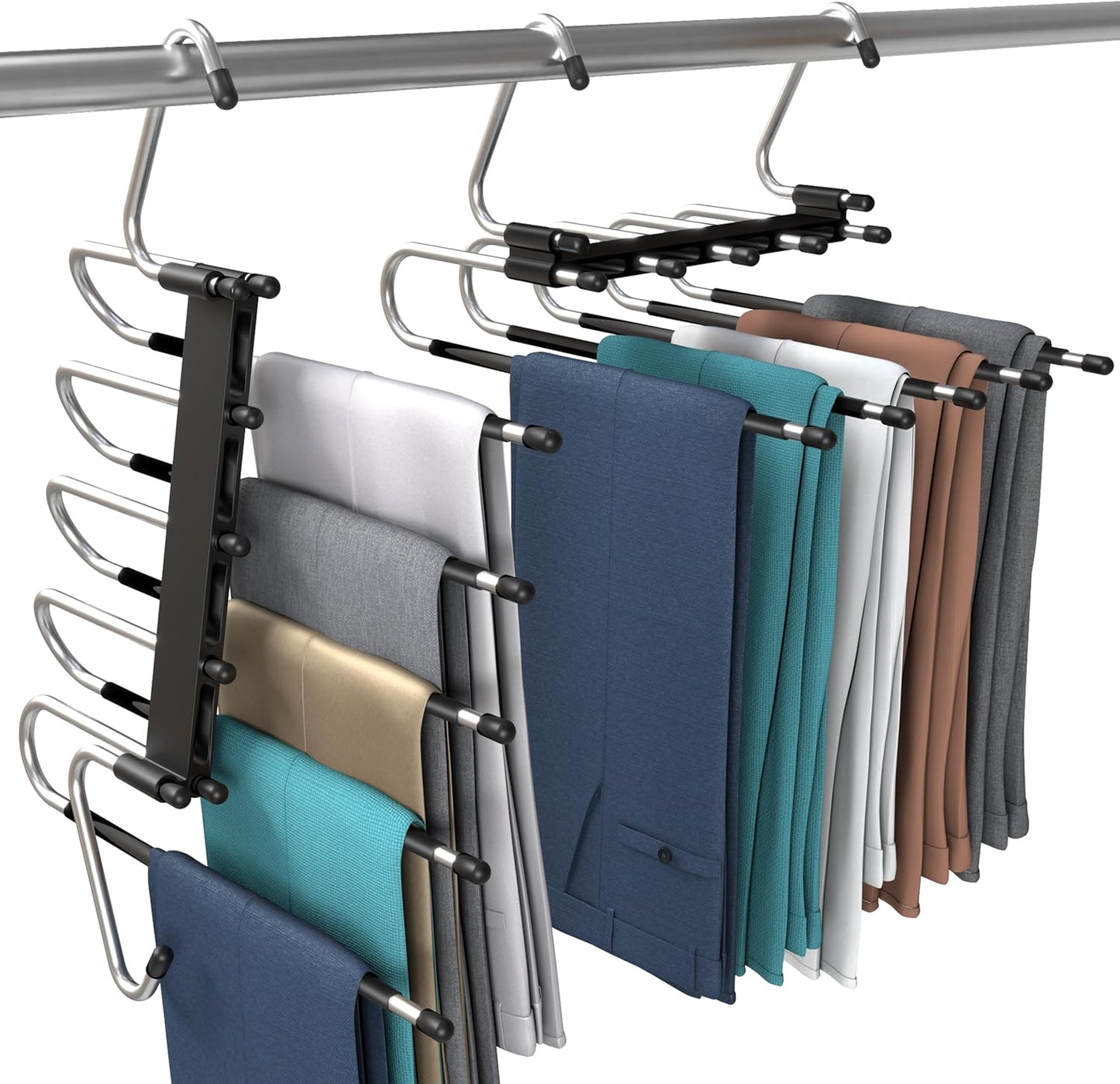 2 Pack Pants Hangers Space Saving - Clothes Hanger with Stainless Steel Hook & Anti-Slip Design - Closet Organizer for Jeans, Trousers, Skirts, Scarf & Slacks (Black)