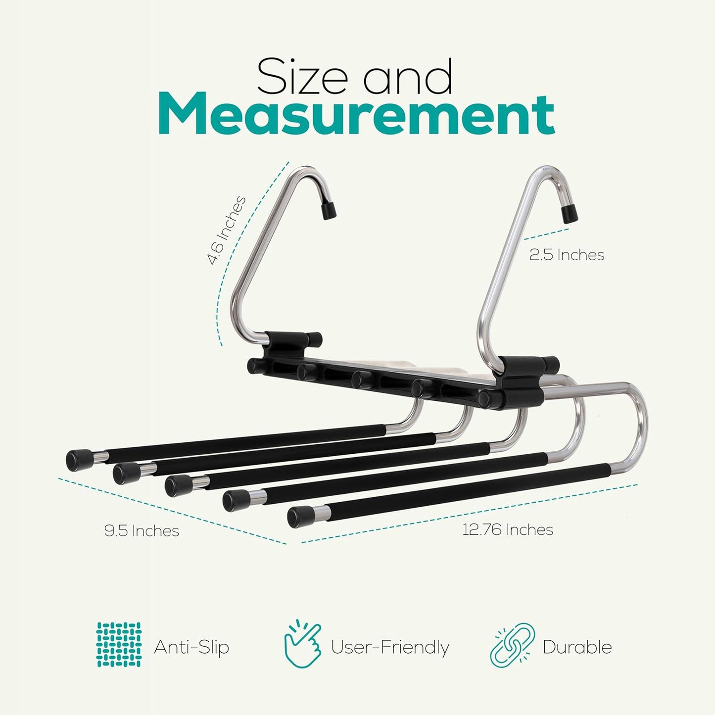 2 Pack Pants Hangers Space Saving - Clothes Hanger with Stainless Steel Hook & Anti-Slip Design - Closet Organizer for Jeans, Trousers, Skirts, Scarf & Slacks (Black)