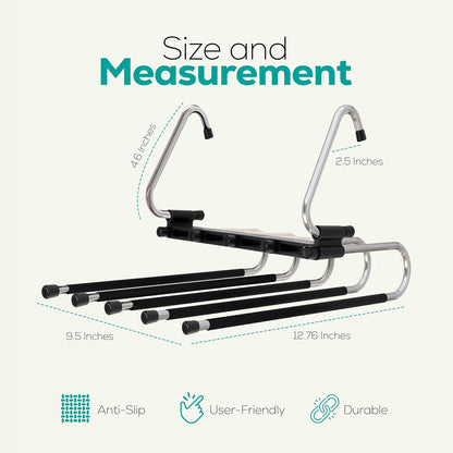 2 Pack Pants Hangers Space Saving - Clothes Hanger with Stainless Steel Hook & Anti-Slip Design - Closet Organizer for Jeans, Trousers, Skirts, Scarf & Slacks (Black)