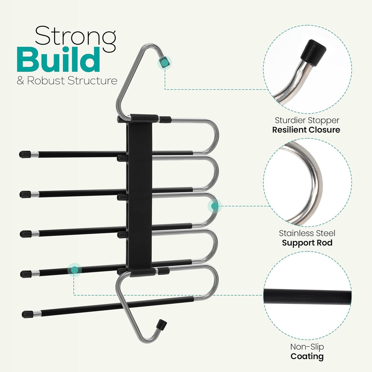 2 Pack Pants Hangers Space Saving - Clothes Hanger with Stainless Steel Hook & Anti-Slip Design - Closet Organizer for Jeans, Trousers, Skirts, Scarf & Slacks (Black)