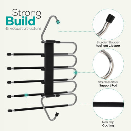 2 Pack Pants Hangers Space Saving - Clothes Hanger with Stainless Steel Hook & Anti-Slip Design - Closet Organizer for Jeans, Trousers, Skirts, Scarf & Slacks (Black)