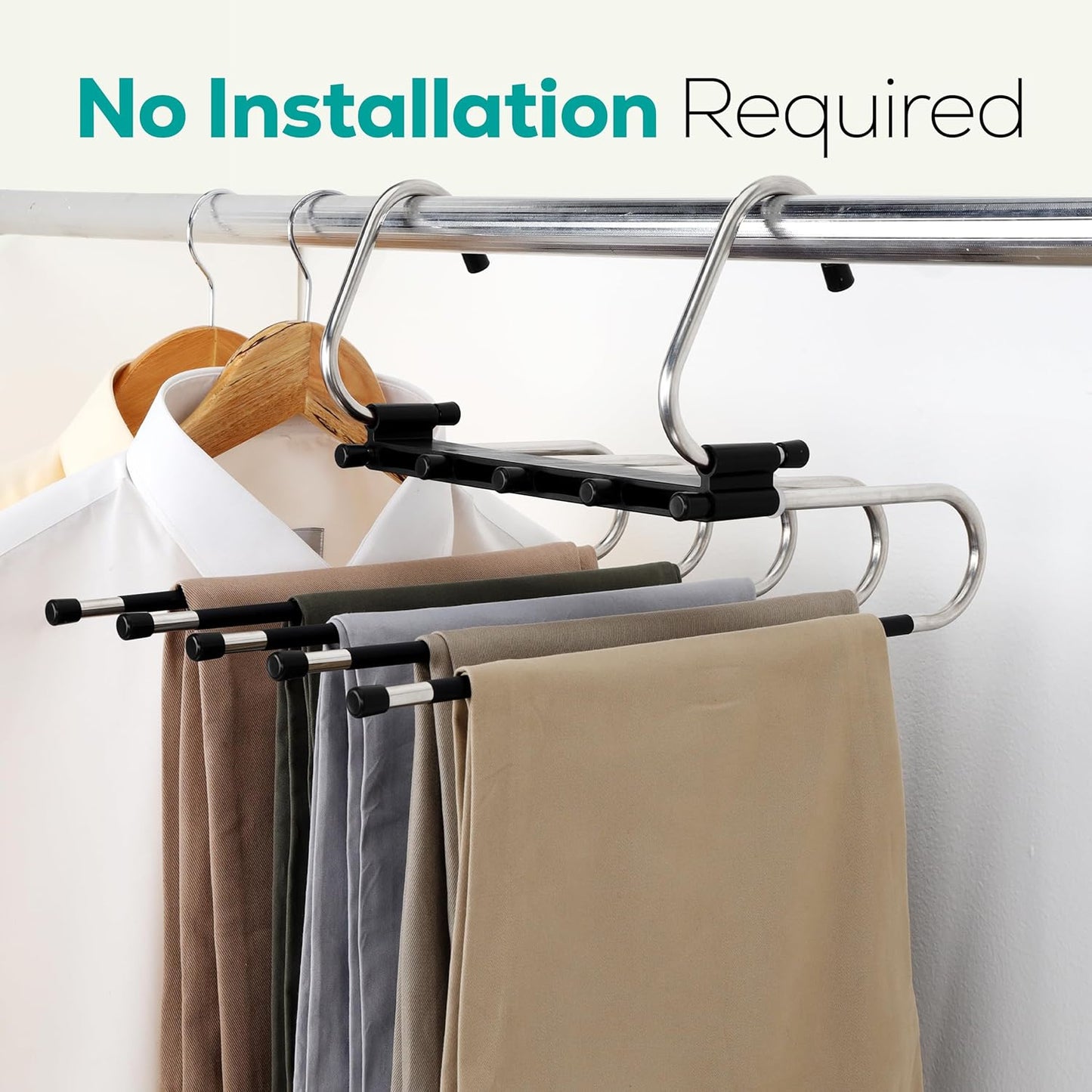2 Pack Pants Hangers Space Saving - Clothes Hanger with Stainless Steel Hook & Anti-Slip Design - Closet Organizer for Jeans, Trousers, Skirts, Scarf & Slacks (Black)