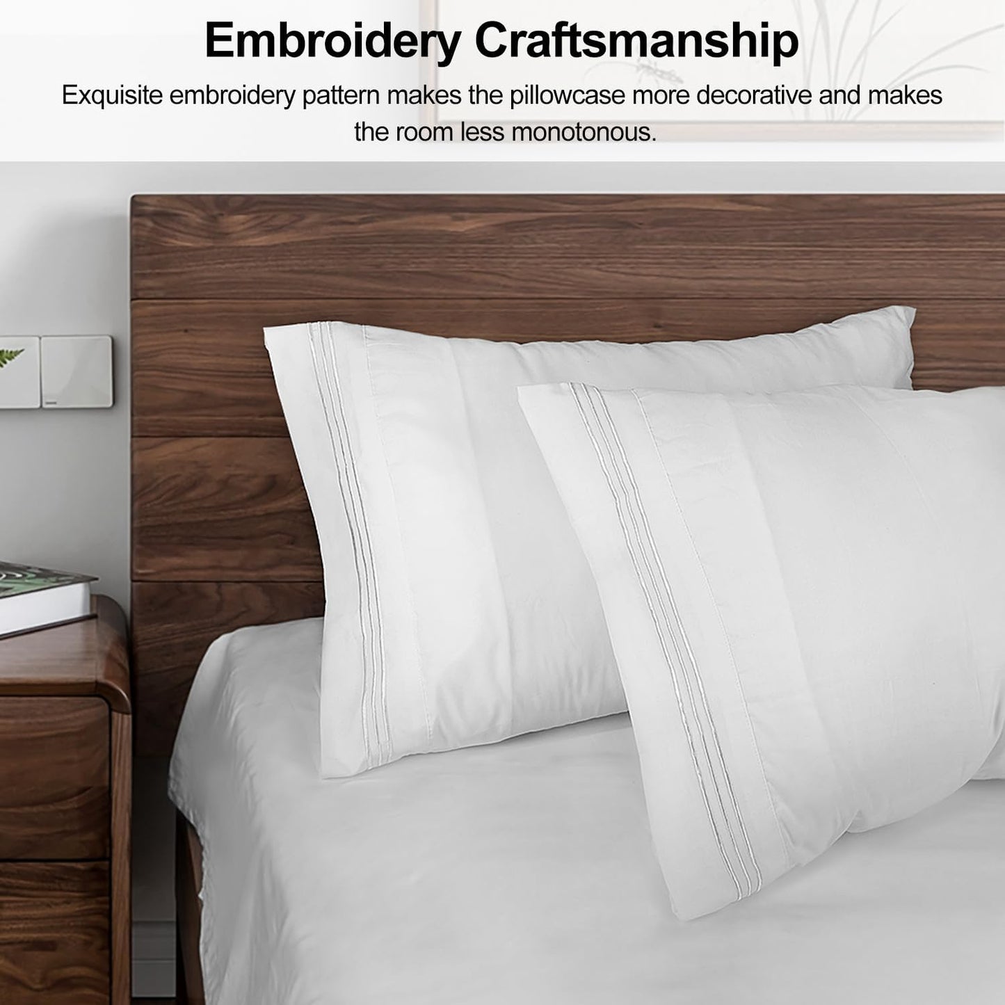 King Pillow Cases 2 Pack,1800 Thread Count Embroidered Soft Brushed Microfiber Pillowcases,White