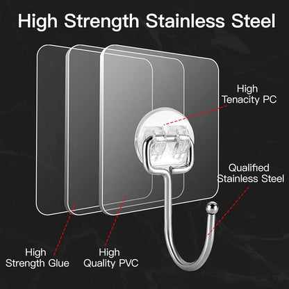 Large Adhesive Hooks for Hanging Heavy-Duty 44Ib(Max) 10 Packs, Wall Hooks Without Nails Self-Adhesive Traceless Clear and Removable, Waterproof and Rustproof Multiple Uses Bathroom Kitchen Home