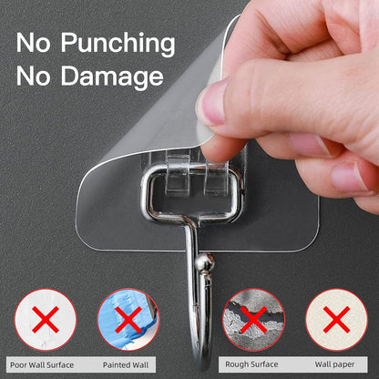Large Adhesive Hooks for Hanging Heavy-Duty 44Ib(Max) 10 Packs, Wall Hooks Without Nails Self-Adhesive Traceless Clear and Removable, Waterproof and Rustproof Multiple Uses Bathroom Kitchen Home