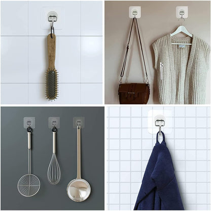 Large Adhesive Hooks for Hanging Heavy-Duty 44Ib(Max) 10 Packs, Wall Hooks Without Nails Self-Adhesive Traceless Clear and Removable, Waterproof and Rustproof Multiple Uses Bathroom Kitchen Home