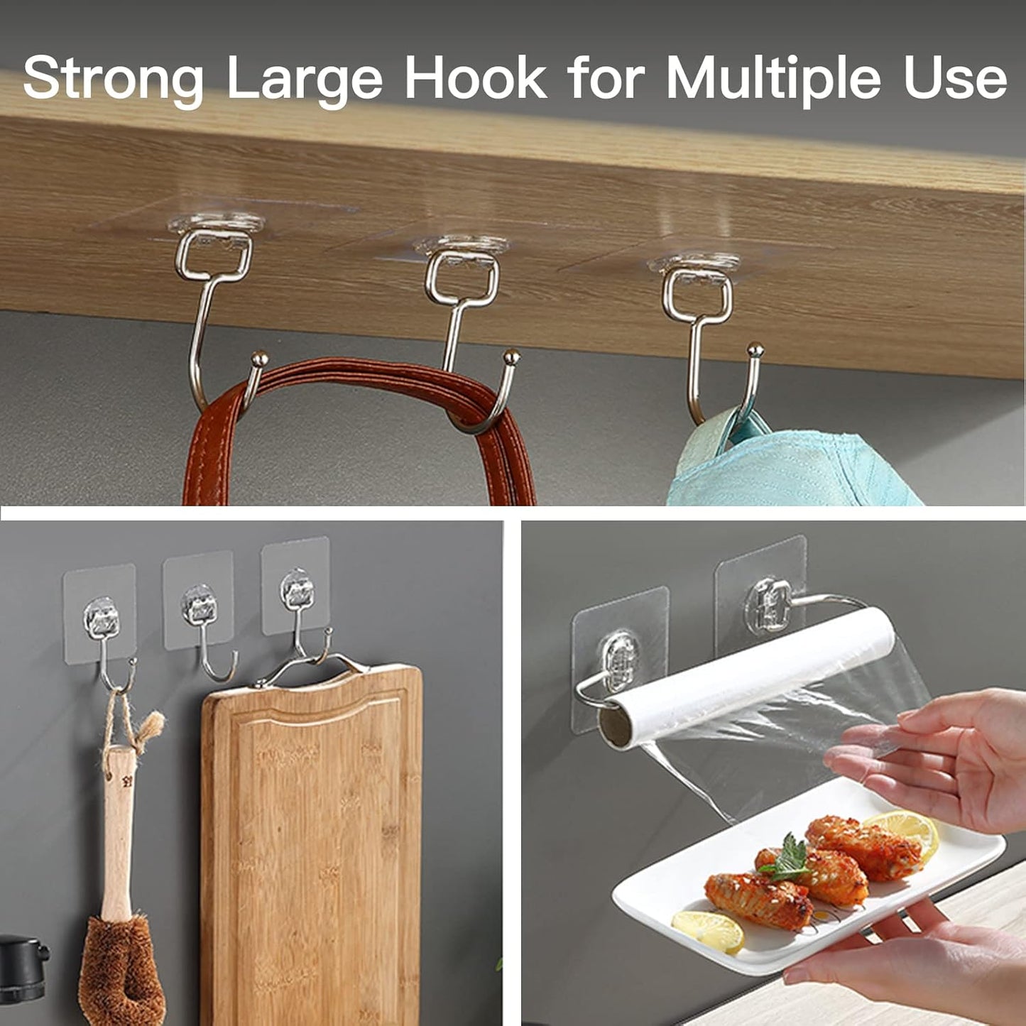 Large Adhesive Hooks for Hanging Heavy-Duty 44Ib(Max) 10 Packs, Wall Hooks Without Nails Self-Adhesive Traceless Clear and Removable, Waterproof and Rustproof Multiple Uses Bathroom Kitchen Home