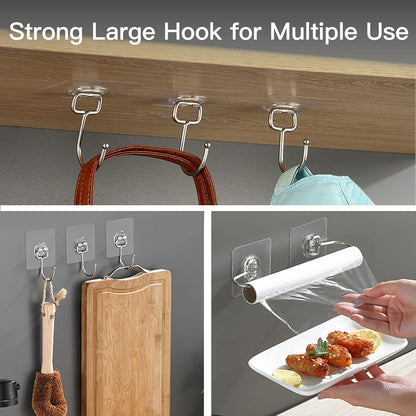 Large Adhesive Hooks for Hanging Heavy-Duty 44Ib(Max) 10 Packs, Wall Hooks Without Nails Self-Adhesive Traceless Clear and Removable, Waterproof and Rustproof Multiple Uses Bathroom Kitchen Home