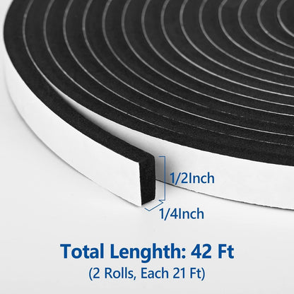 Self Adhesive Foam Tape Weatherstrip 1/2In x 1/4In x 42Ft High Density Foam Insulation Strips Seal Weather Stripping with Strong Adhesive for Door and Window Sound Isolation Soundproofing