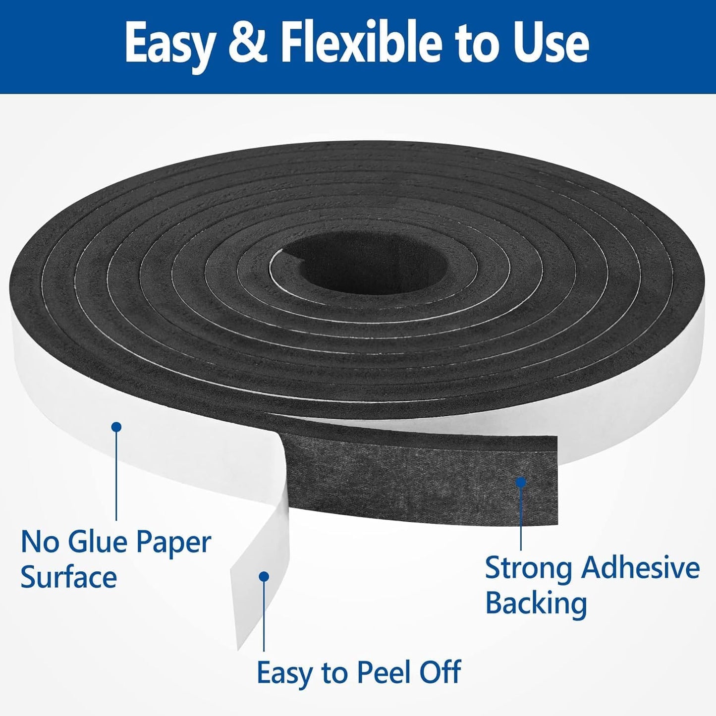 Self Adhesive Foam Tape Weatherstrip 1/2In x 1/4In x 42Ft High Density Foam Insulation Strips Seal Weather Stripping with Strong Adhesive for Door and Window Sound Isolation Soundproofing