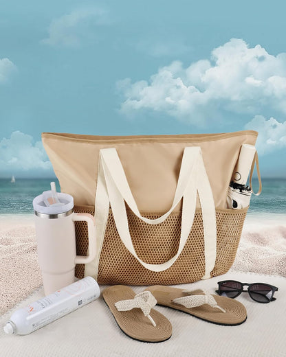 Beach Bag Large Waterproof Sandproof Tote for Women with Zipper and Mesh Pockets