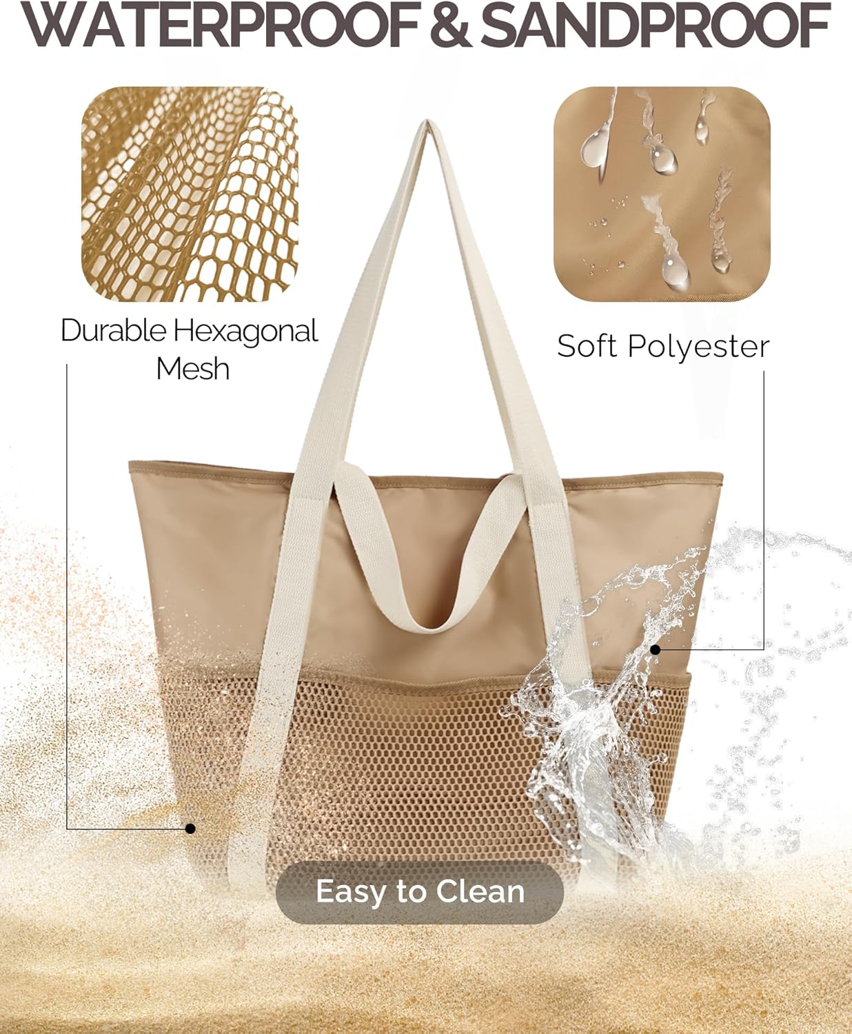 Beach Bag Large Waterproof Sandproof Tote for Women with Zipper and Mesh Pockets
