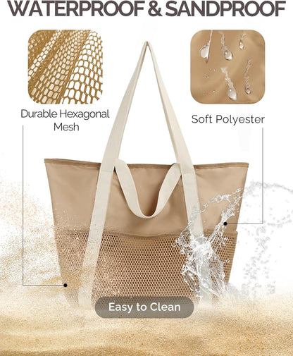 Beach Bag Large Waterproof Sandproof Tote for Women with Zipper and Mesh Pockets