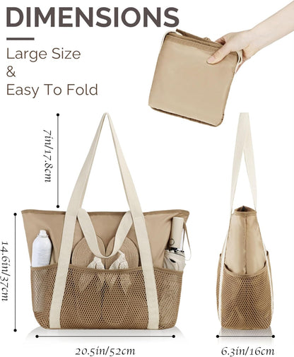 Beach Bag Large Waterproof Sandproof Tote for Women with Zipper and Mesh Pockets