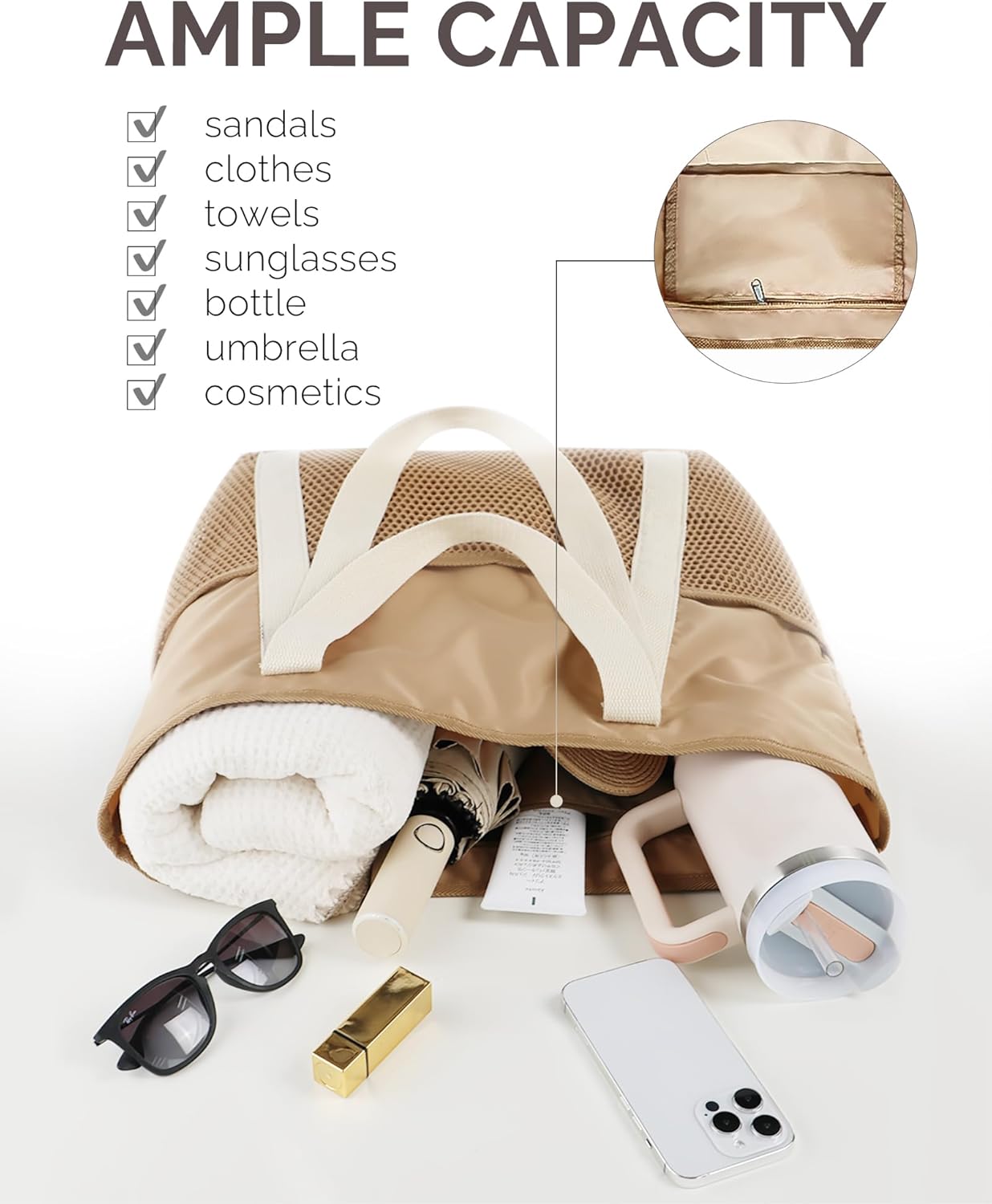 Beach Bag Large Waterproof Sandproof Tote for Women with Zipper and Mesh Pockets