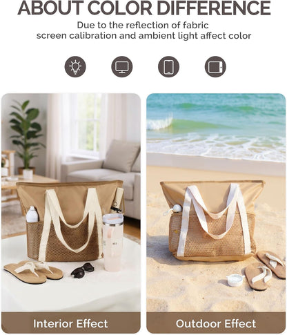 Beach Bag Large Waterproof Sandproof Tote for Women with Zipper and Mesh Pockets