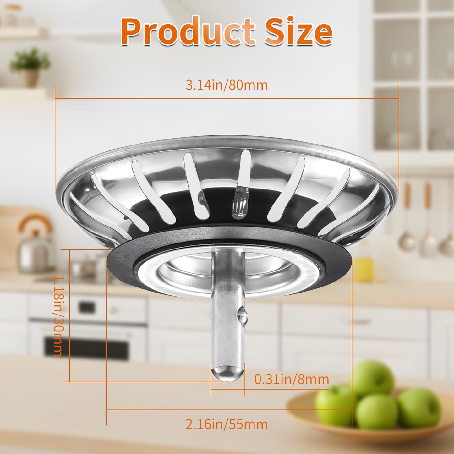 Kitchen Sink Strainer - 2Pack Sink Drain Stopper, 80mm(3.15in) Stainless Steel Kitchen Sink Accessories Plug with Anti-Clogging Basket, Bouchon Evier Cuisine