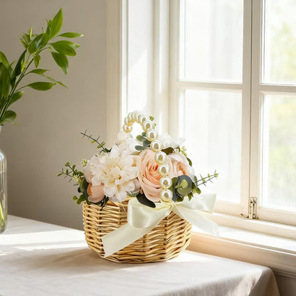 Wicker Rattan Flower Girl Basket with Bows,Pearl Handle Flower Basket,Wedding Flower Girl Basket and Home Decorations. (1)