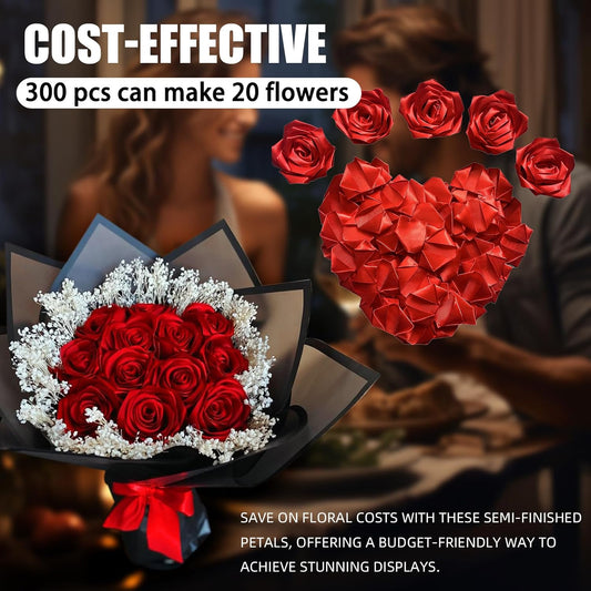 300Pcs Premade Satin Ribbon Rose Petals Half-Finished for Eternal Rose DIY Ramos Forever Flowers Bouquets Everlasting Floral,for Wedding,Anniversary,Birthday (300 Pcs Red)