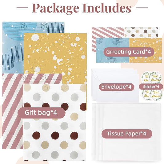 10" Gift Bags Medium Size (4 Pack) - Includes Tissue Paper & Cards, Reusable Non-Woven Gift Bags with handles, Perfect for Birthday, Wedding, Baby Shower, Party, Holiday, 10" x 8" x 4"