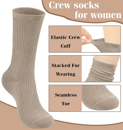 Women's Cotton Crew Socks 6 Pairs, Long Cute Aesthetic Neutral Athletic Boot Socks for Women Stocking Stuffers Gifts