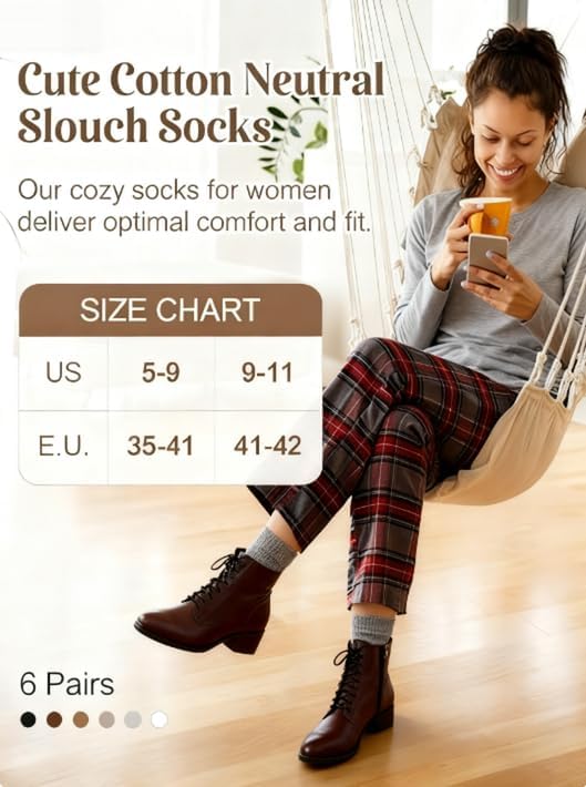 Women's Cotton Crew Socks 6 Pairs, Long Cute Aesthetic Neutral Athletic Boot Socks for Women Stocking Stuffers Gifts