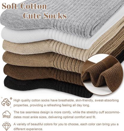 Women's Cotton Crew Socks 6 Pairs, Long Cute Aesthetic Neutral Athletic Boot Socks for Women Stocking Stuffers Gifts
