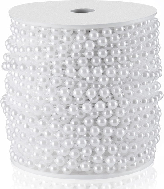 Craft String Pearls 6MM Pearl Bead, 66 Feet White Faux Pearl Garland Spool Roll Strand Wedding Party Decoration, Christmas Tree Decorations