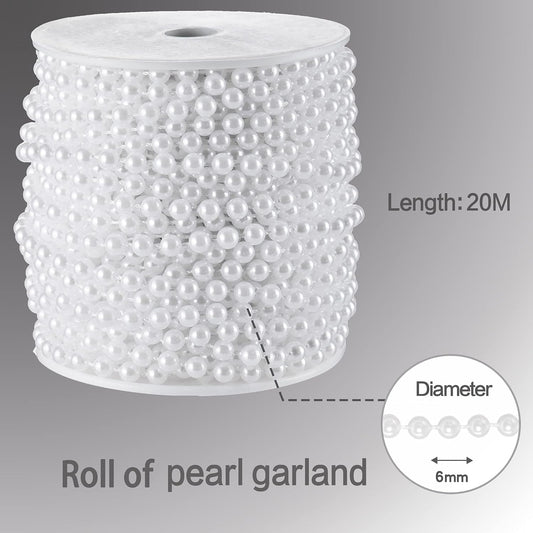 Craft String Pearls 6MM Pearl Bead, 66 Feet White Faux Pearl Garland Spool Roll Strand Wedding Party Decoration, Christmas Tree Decorations