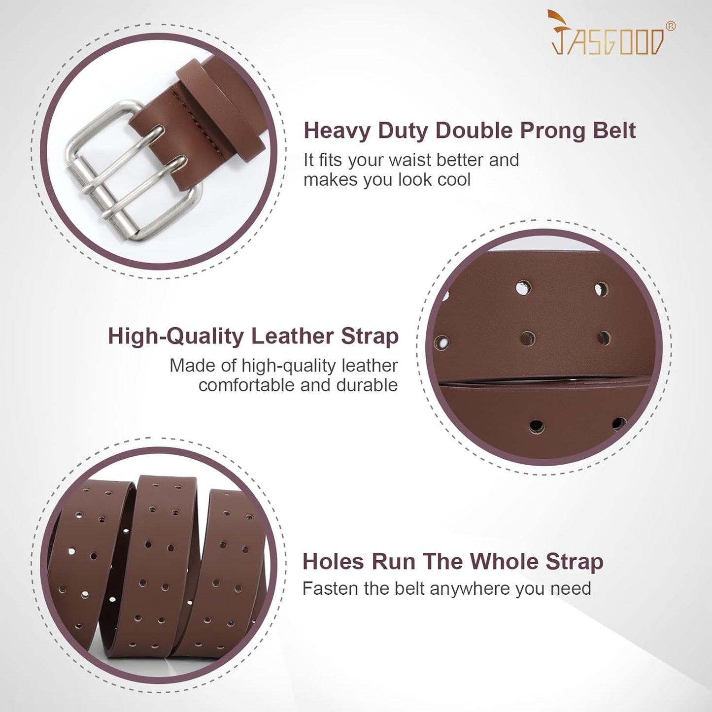 Men Double Prong PU Leather Belt Casual Work Heavy Duty Belt Double Grommet Holes Belt for Jeans
