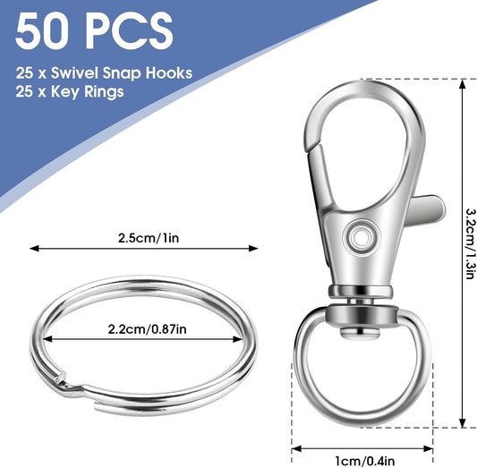 50 PCS in 25 Sets, Metal Swivel Lobster Claw Clasps, Keychain Clip with Large Key Ring, Premium Keychains Clips, Snap Hooks and Sturdy Key Rings, for Key Chain Making Kit， (Silver)