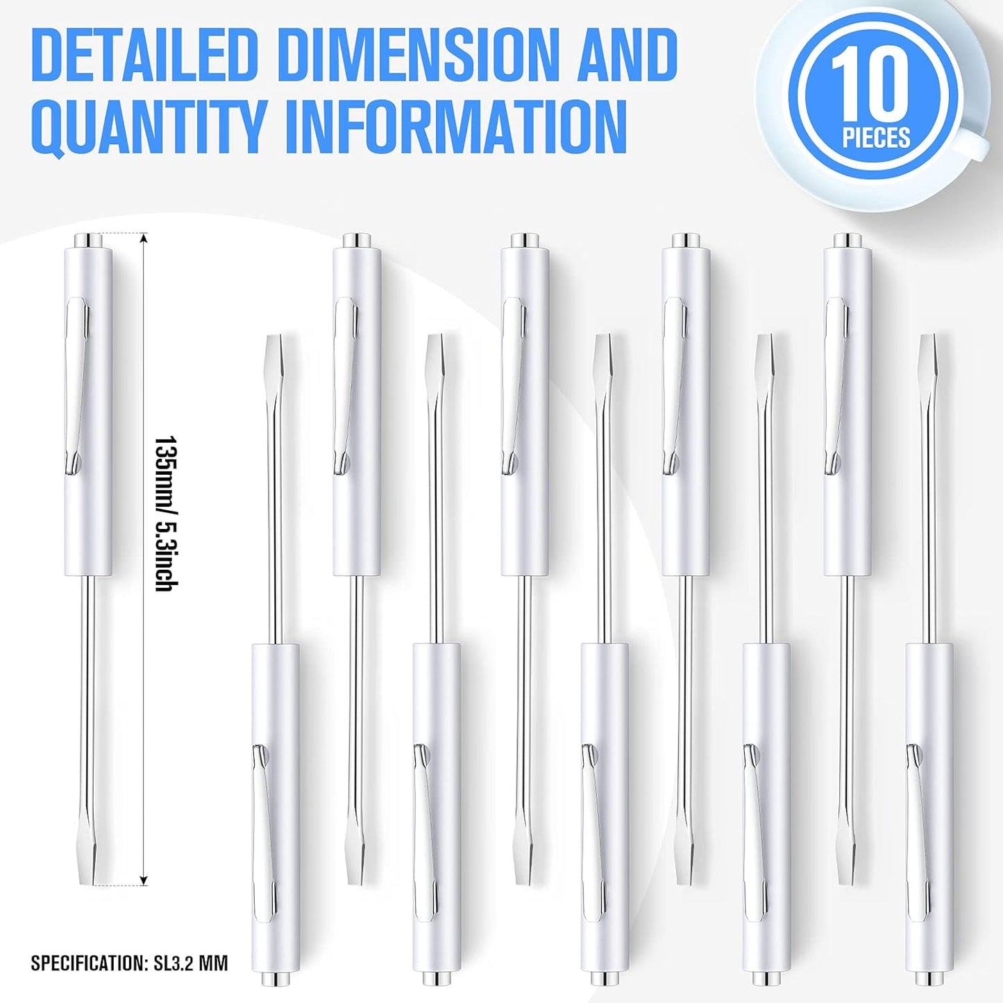 10 Pieces Pocket Screwdriver Mini Tops and Pocket Clips Magnetic Slotted Small Screw Driver with a Single Blade Head for Mechanical, Electrician(White)